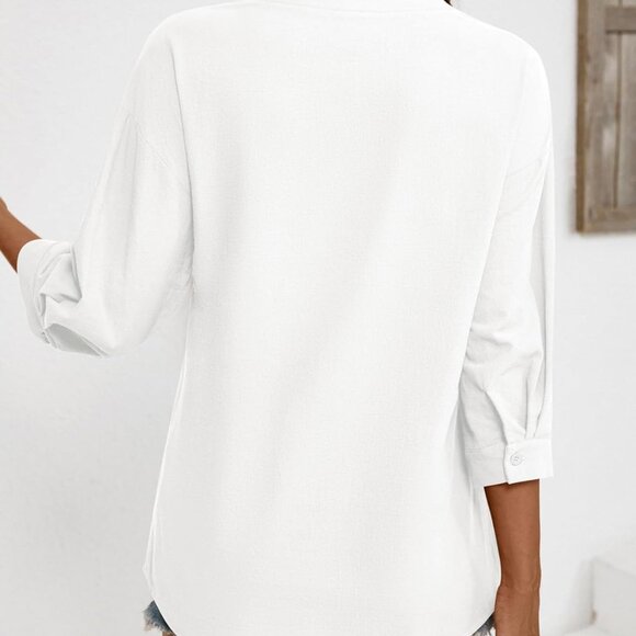 Womens 3/4 Sleeve Button Down Shirts Cotton Linen Roll Up Short Sleeve Tops V Ne - Picture 6 of 6